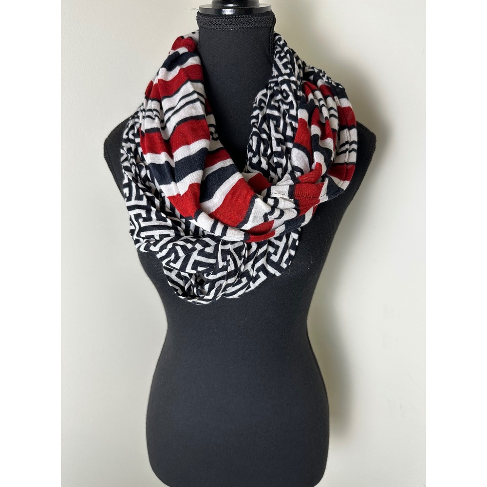 Mud Pie Women Black White Red Striped Geometric Print Infinity Scarf One‎ Size